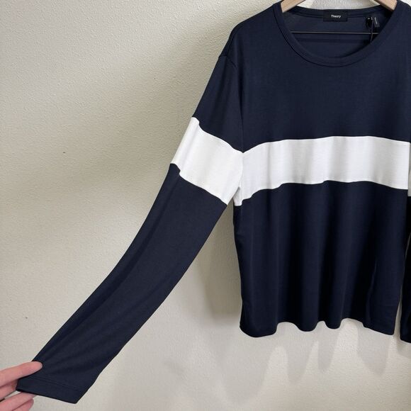Theory Sweater Mens XL Navy White‎ Striped Pullover Soft Comfy Nautical NEW - Picture 4 of 16